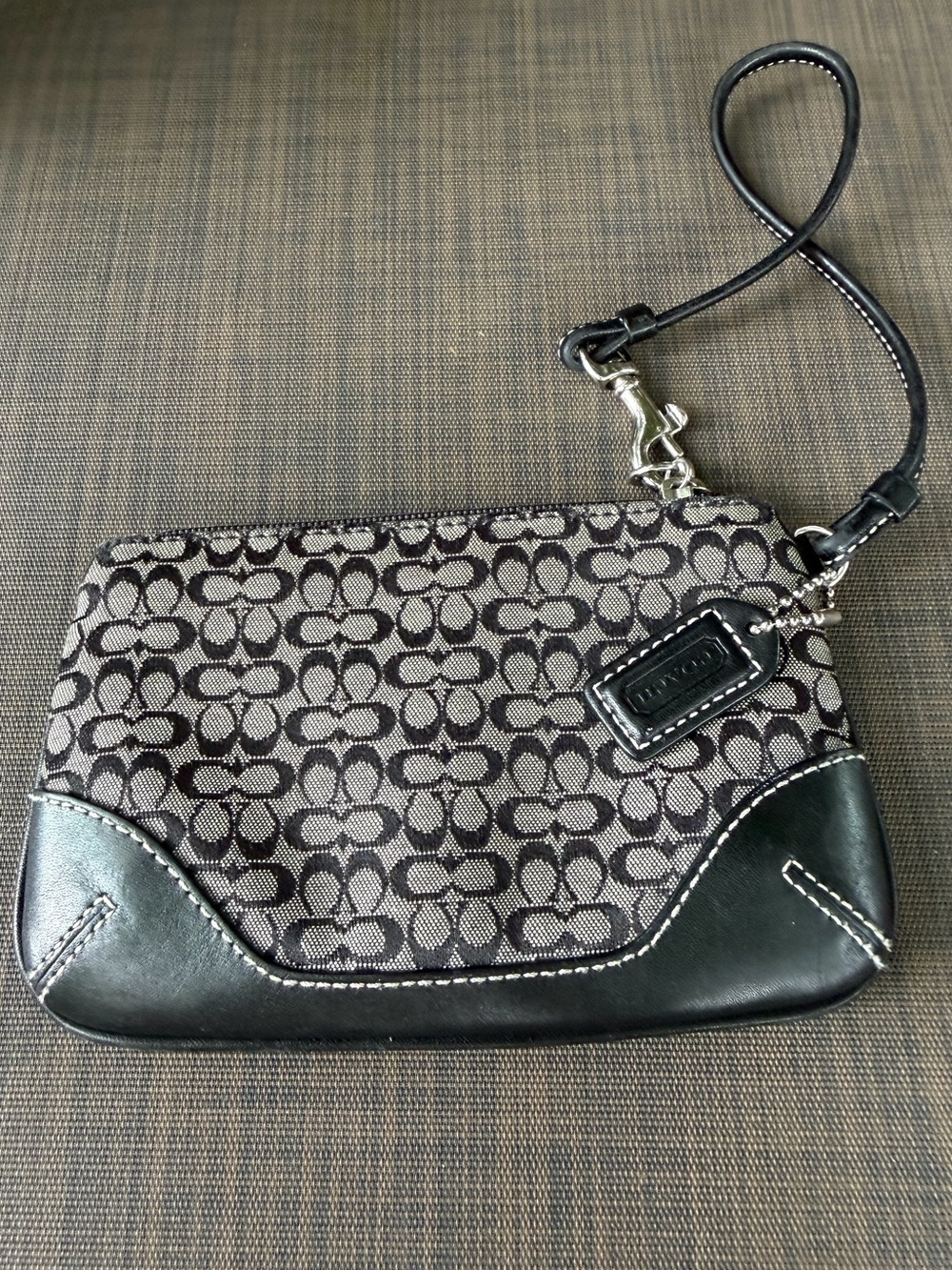 Coach Gray and Black Signature Canvas Wristlet with Leather Trim